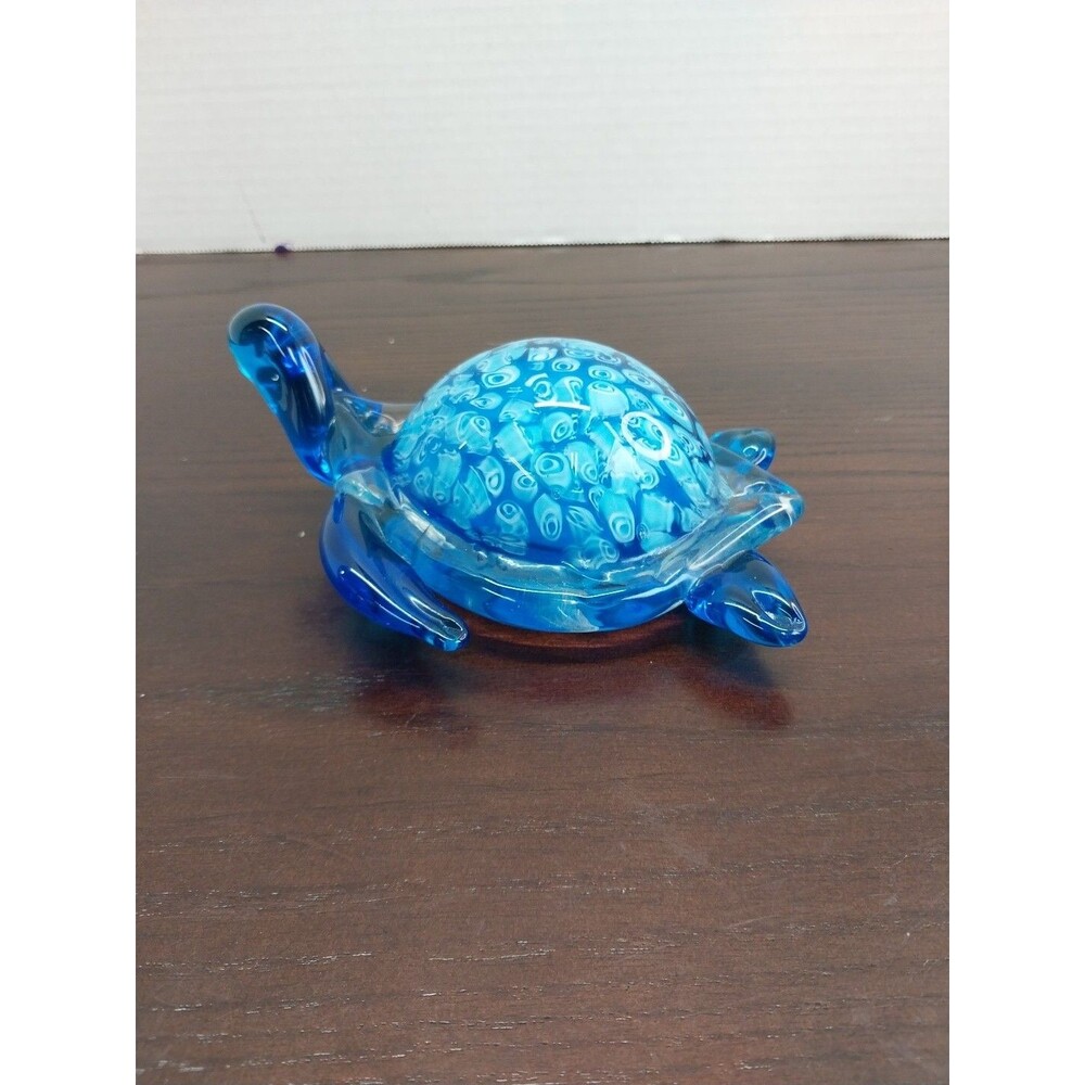 Vintage 5" Art Glass Turtle Sculpture Figurine Statue Blue & Clear w white swirl